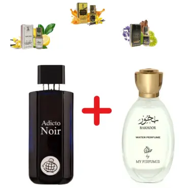Fragrance World Adicto Noir + 3 мини парфюмни масла + Otoori Bakhoor